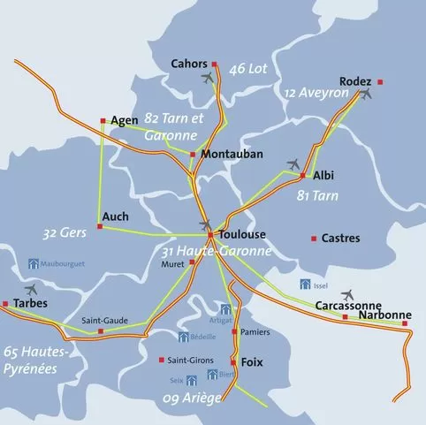 <p>This region has excellent connections by car by highways l’A20, l’A61, l’A61, l’A62, l’A64, l’A65, l’A66, l’A68 and l’A75   </p><p>___</p><p>Toulouse is a hub voor de TGV and many trains connects with Tarbes, Pau, Foix, Carcassonne, etc. A TGV connects to Paris in 4.20 hours, several times a day.</p><p>___</p><p>Several airports in the area make air travel a piece of cake.</p><p><br></p>