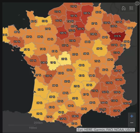 Several departments in France are now RED