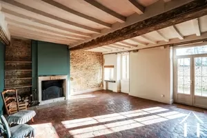 Living room with stone fireplace