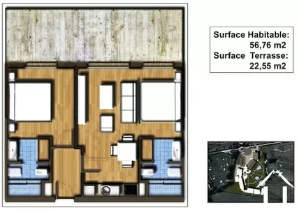 The proposed layout of the apartment and its large and private balcony. Each with its own small lobby, the configuration makes it easy to rent as a 1 bedroom apartment, whilst maintaining a secure and private owners' area /storage.